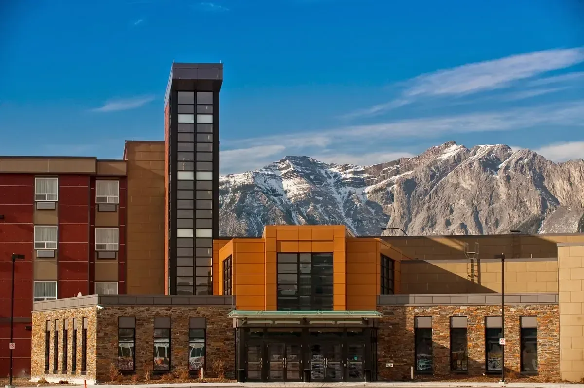 Mountain resort grounds with distant ridges